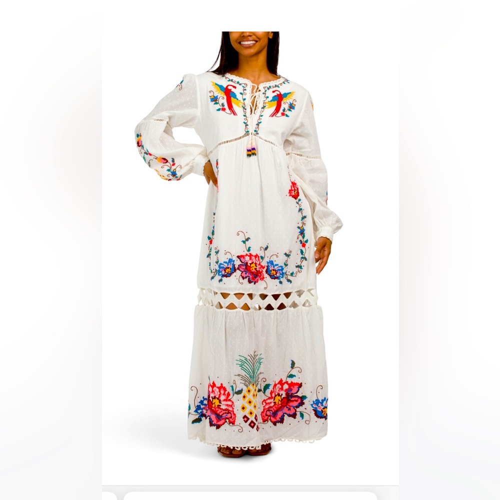 New Farm Rio Macaw Cross-Stitch Embroidered Midi-Dress no bargain please 🙏